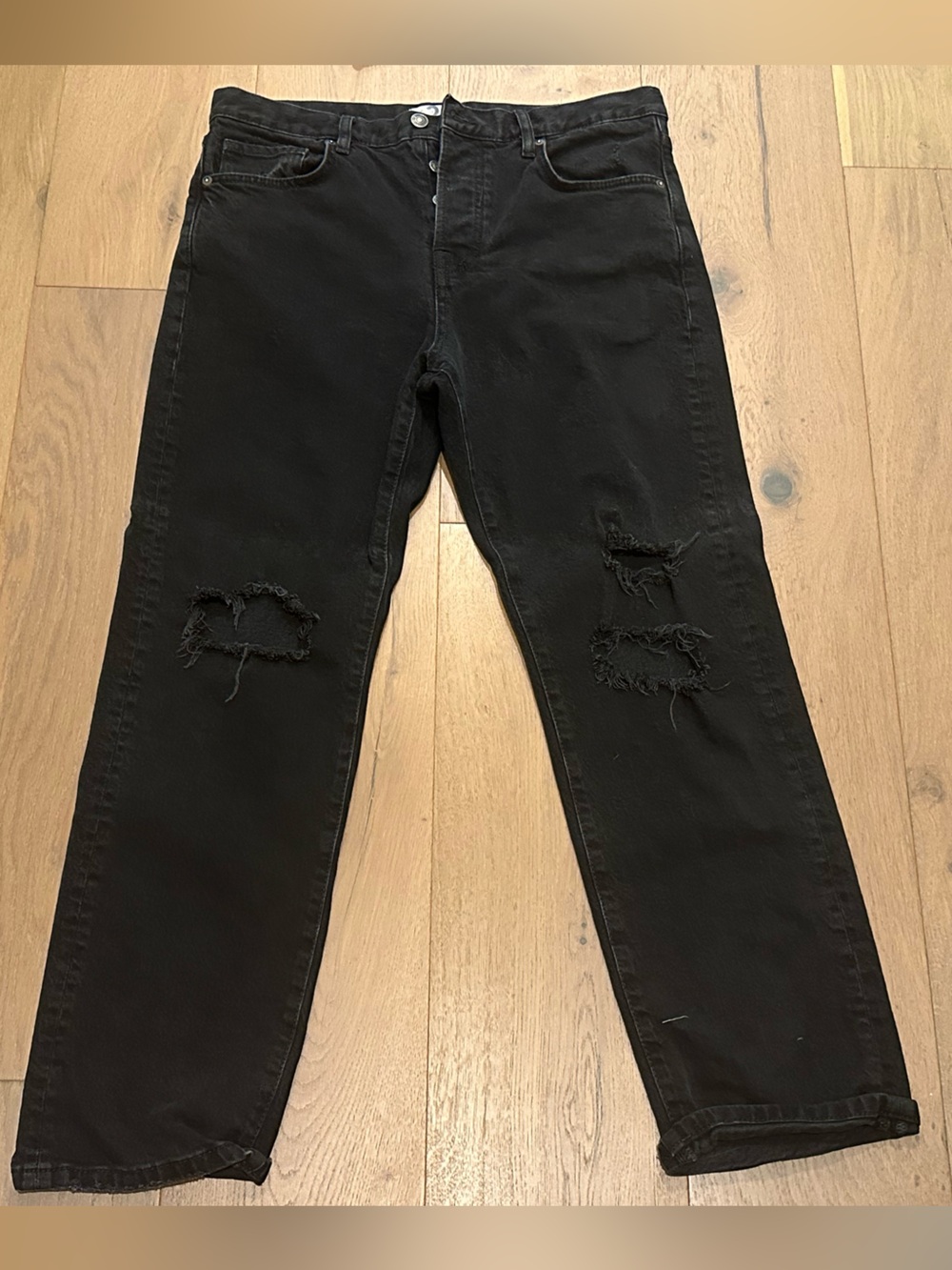 Free People Black Distressed Straight-Leg Jeans